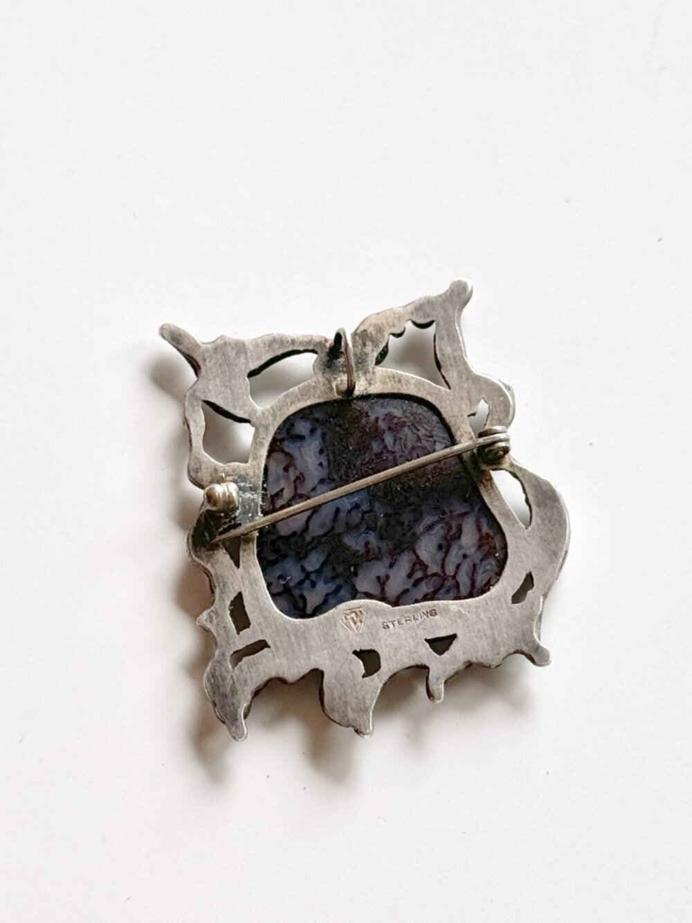 Vintage MK Sterling Silver Brutalist Modernist Purple Agate Brooch Pendant - Picture 6 of 15